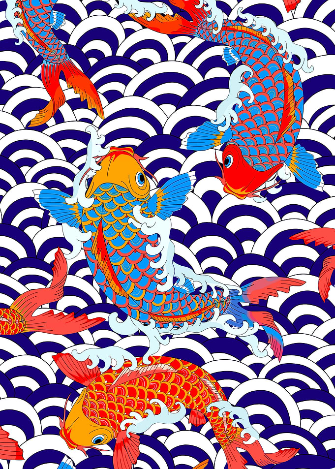 Koi Fish and Waves Pattern