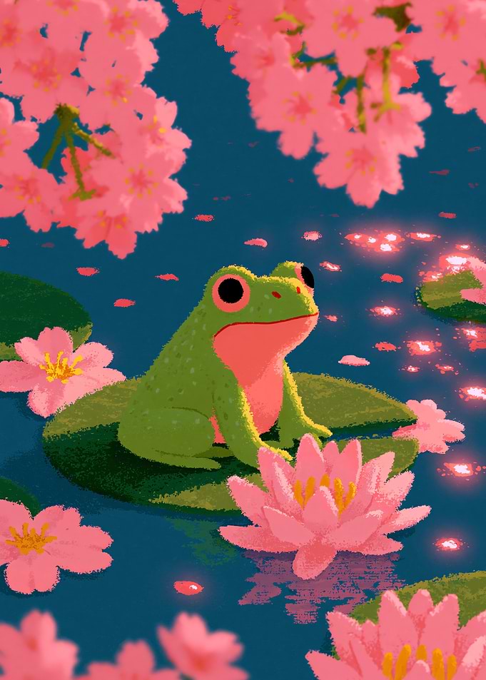 Frog on Lily Pad with Cherry Blossoms