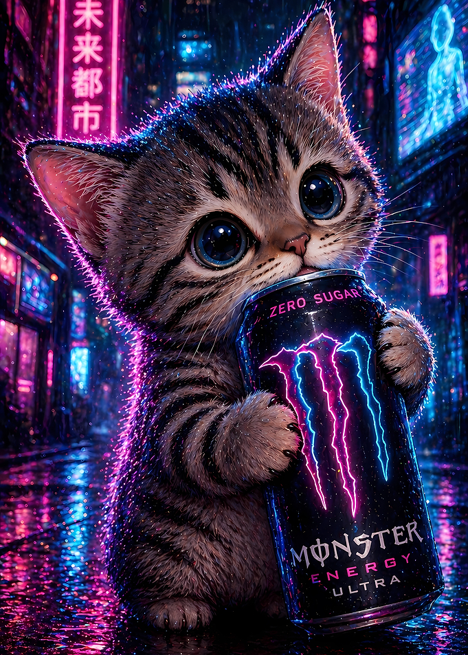Cute Kitten with Monster Energy Drink