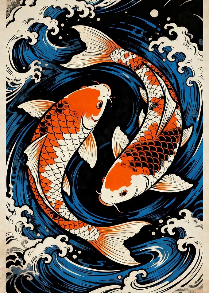 Two Koi Fish in Blue Waves