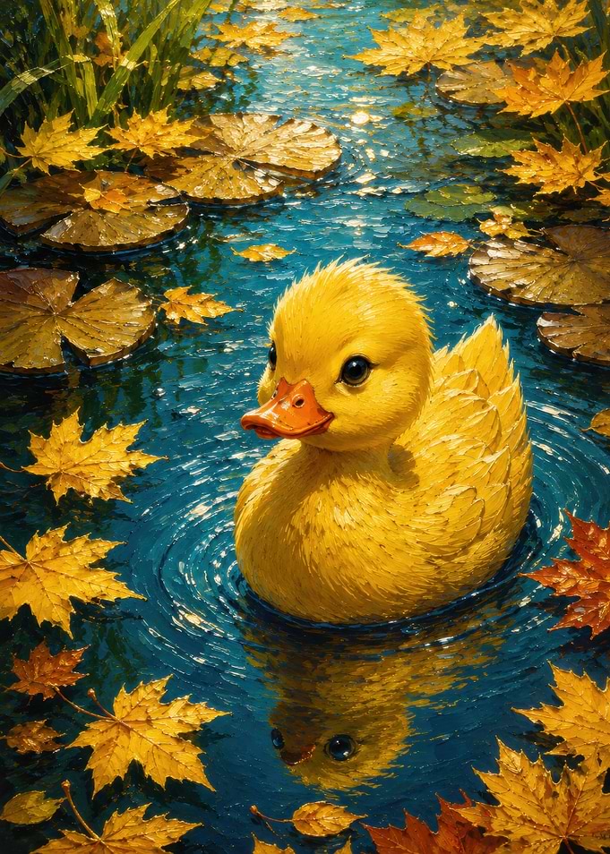 Cute Duckling in Autumn Pond