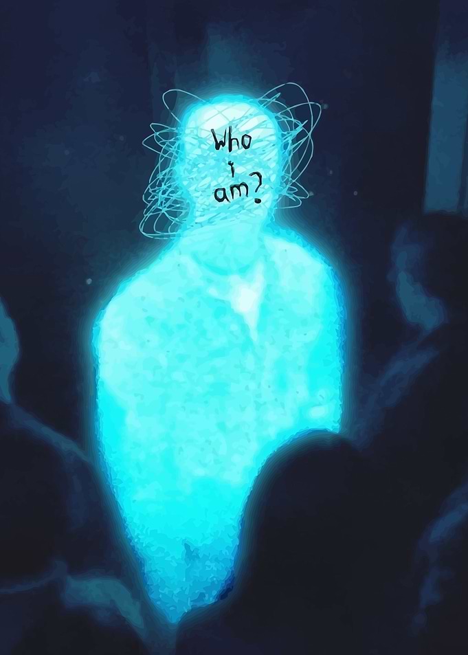 Man questioning identity with glowing aura