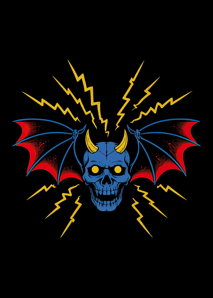 Blue Devil Skull with Wings and Lightning
