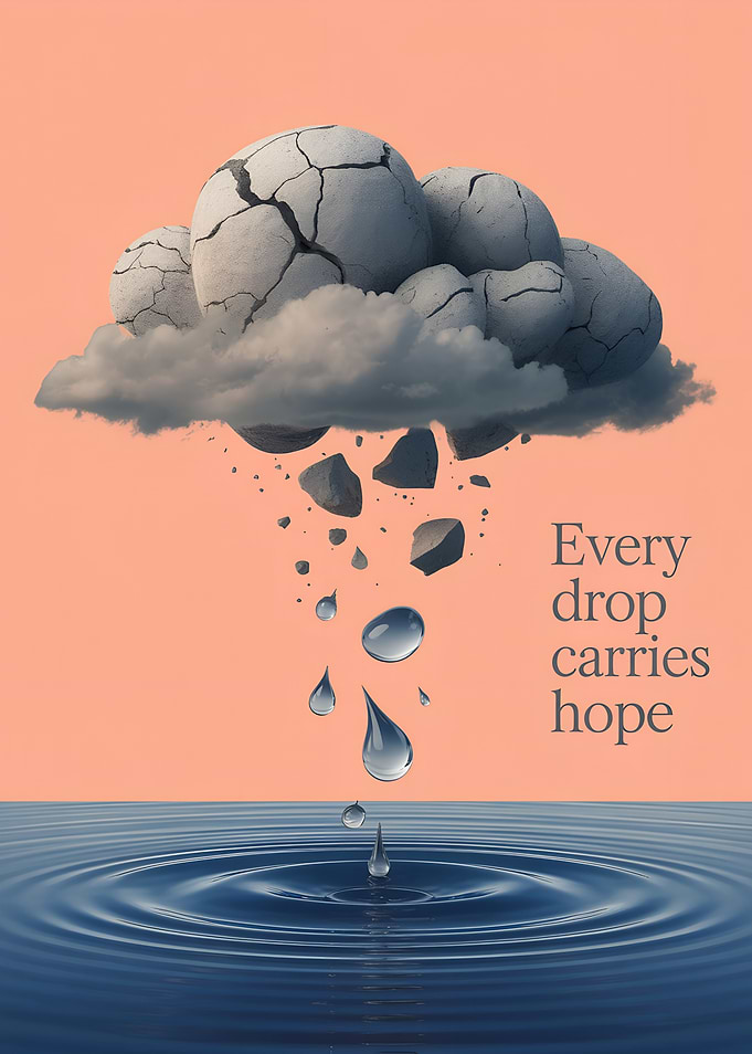 Cloud with falling rocks and water drops