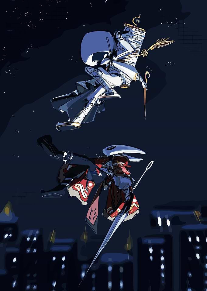 Anime characters in flight over city