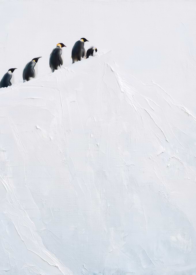 Penguins on a Snowy Hill