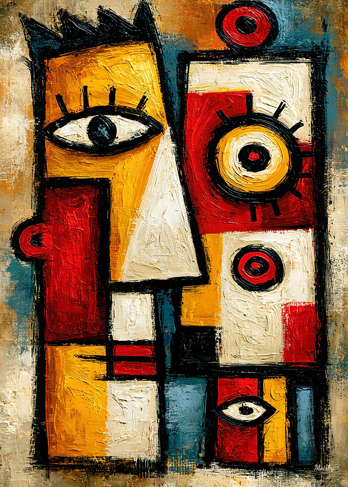 Primitive Cubist Kiss Bold Abstract Wall Art