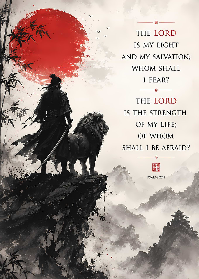 Samurai and Lion with Inspirational Verse