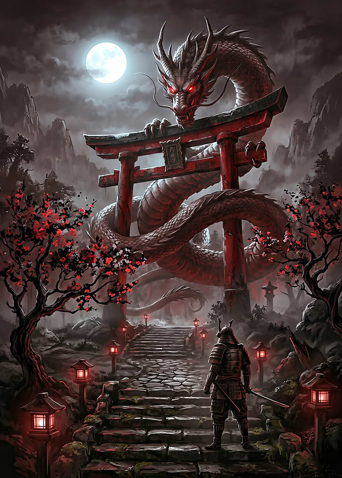 Samurai Comes to the Dragon Guarding the Torii Gate