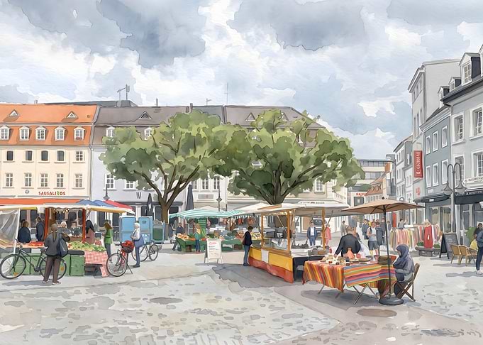 Outdoor Market Scene with People and Stalls