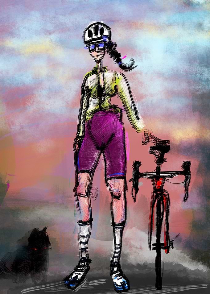 Cyclist with Bicycle at Sunset