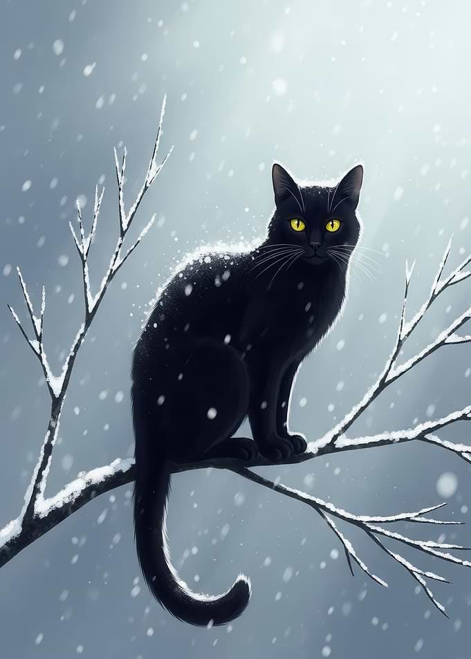 Black Cat in Snowy Branches