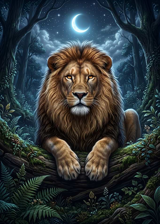 Majestic Lion in Moonlit Forest