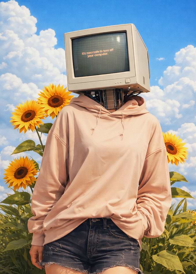 Retro Computer Head in Sunflower Field