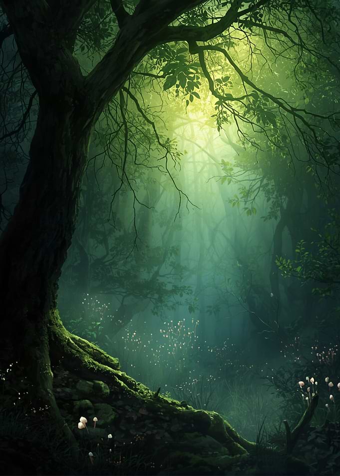 Enchanted Forest with Sunbeams