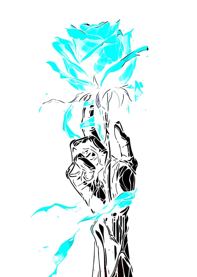 Cyan Rose Held by a Skeleton Hand