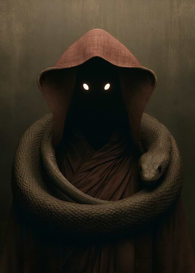 Mysterious Hooded Figure with Snake