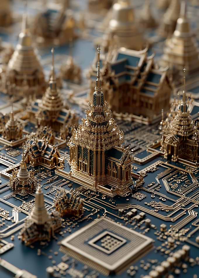 Golden Asian Temples on Circuit Board