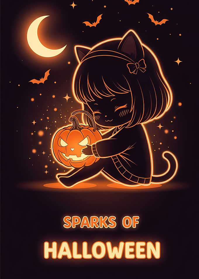 Cute Anime Black Cat Girl Holding Jack-O'-Lantern with Moon, Bats and Orange Glow Halloween