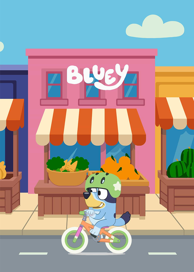 Bluey rides a bike in front of a shop