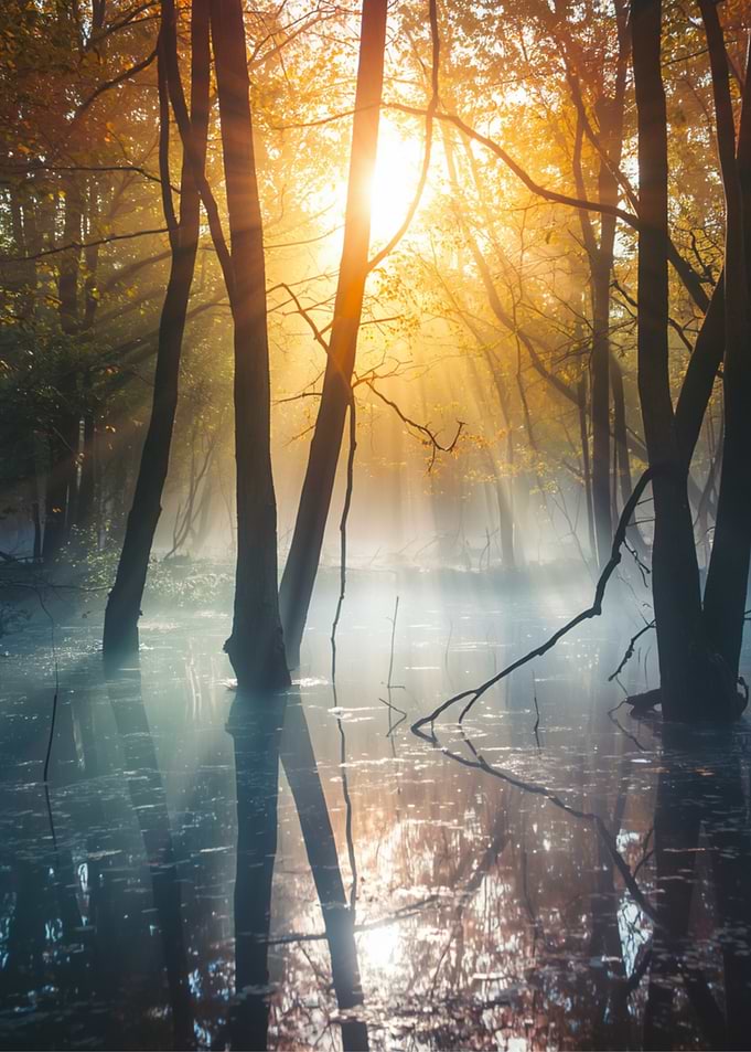 Misty Forest Sunrise Over Water