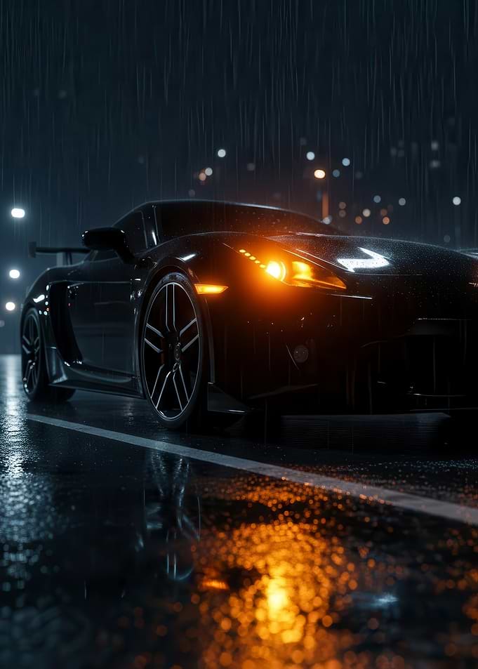 Black Sports Car in Rain
