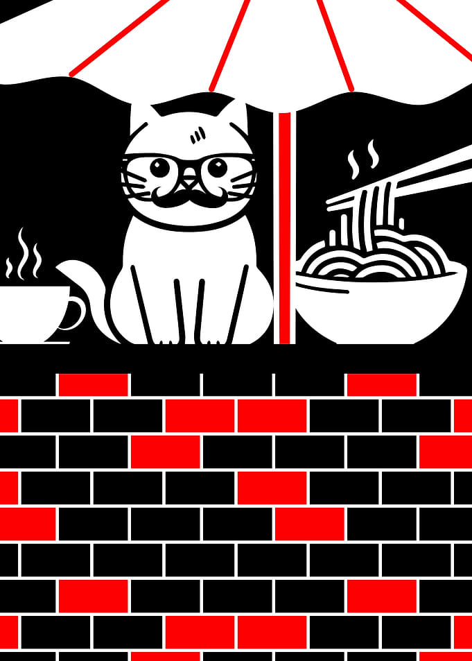 Hipster Cat Enjoying Ramen and Coffee