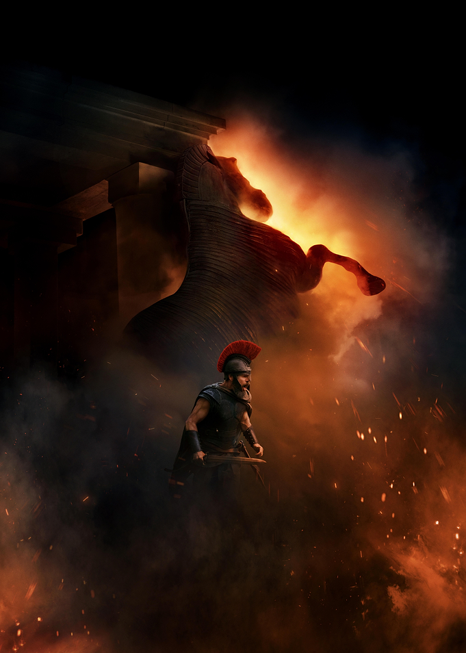 Trojan Warrior and Horse in Flames