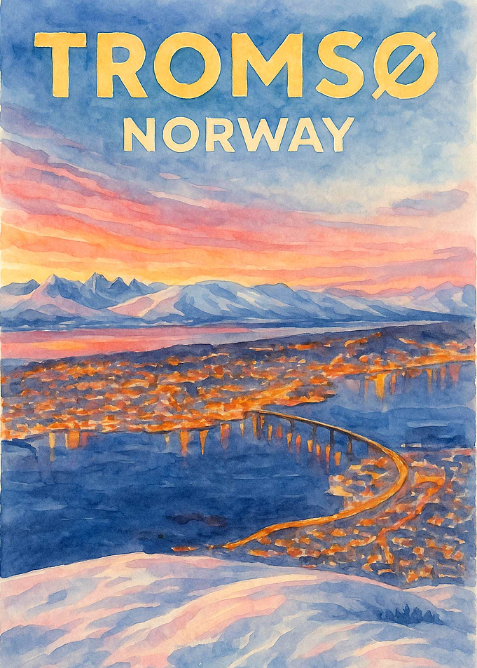 Tromsø Norway Vintage Travel Poster | Watercolor Arctic Fjord Sunset Wall Art