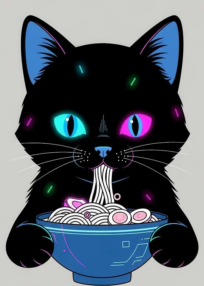Black Cat Eating Ramen