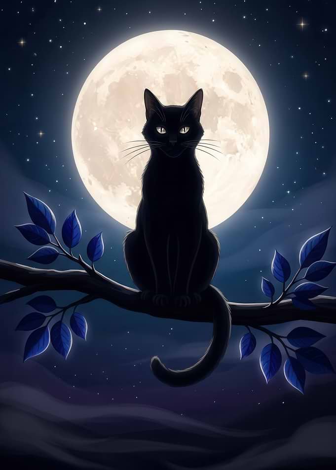 Black Cat on a Branch Under the Moon