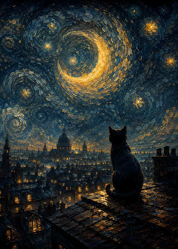Cat on a rooftop overlooking a city at night