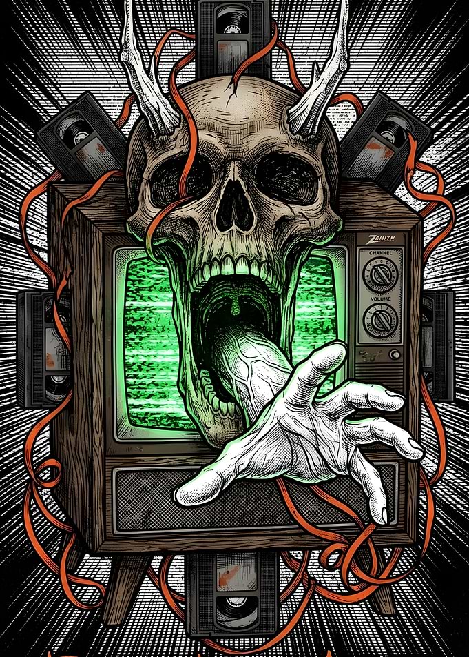 Demonic Skull Emerging from Vintage TV