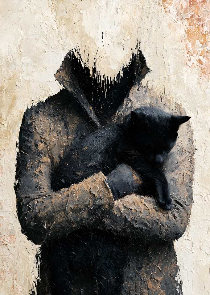 Figure holding a black cat