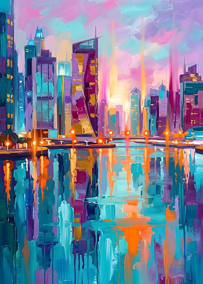 Vibrant Cityscape Reflection Painting