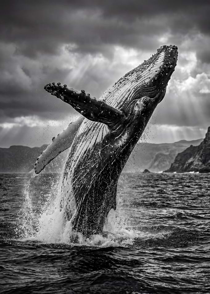 Humpback whale breaching in black and white
