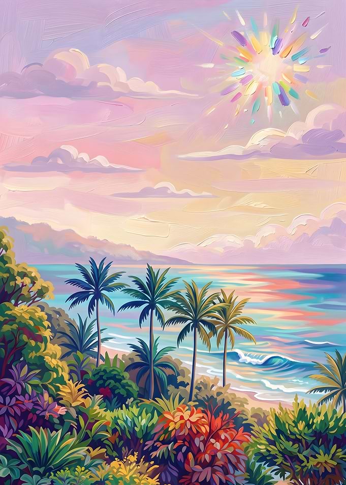 Tropical Beach Sunset with Palm Trees