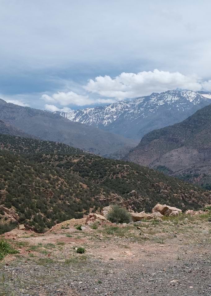Snow-capped mountains and green hills