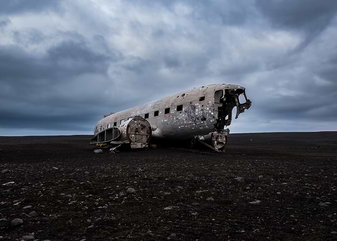 Wrecked Airplane on Black Sand Beach