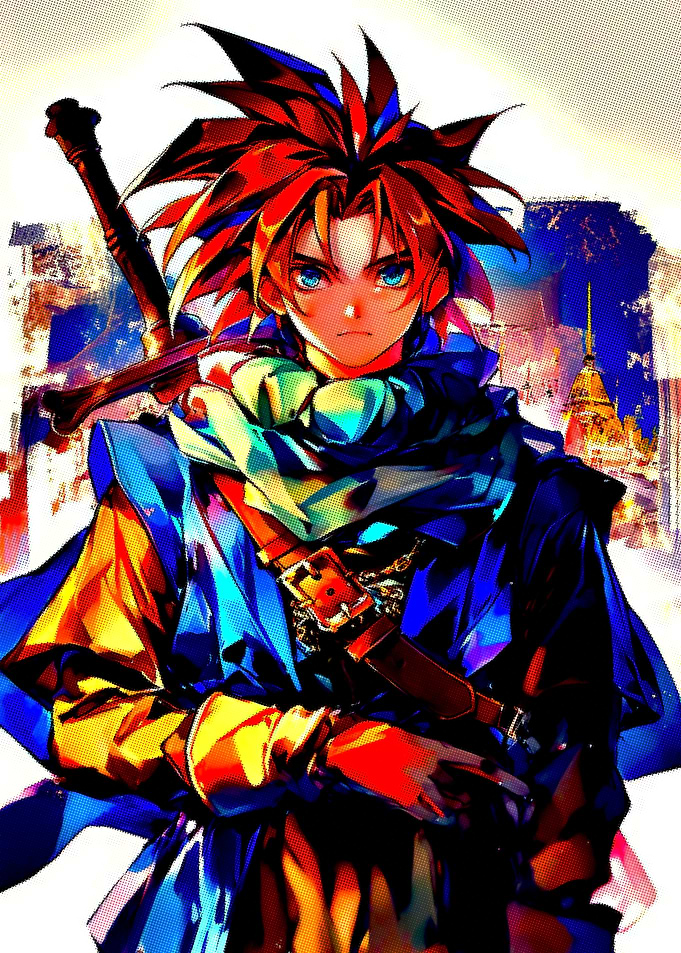 Anime character with sword and blue scarf
