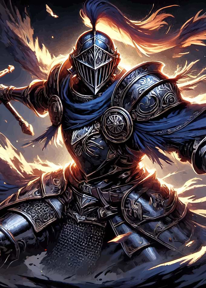 Knight in Dark Armor with Blue Cape