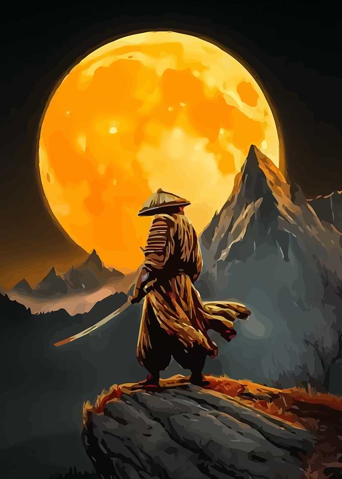 Samurai Under a Giant Orange Moon
