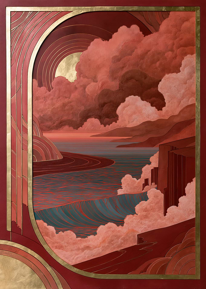 Art Deco Landscape with Red Clouds and Ocean