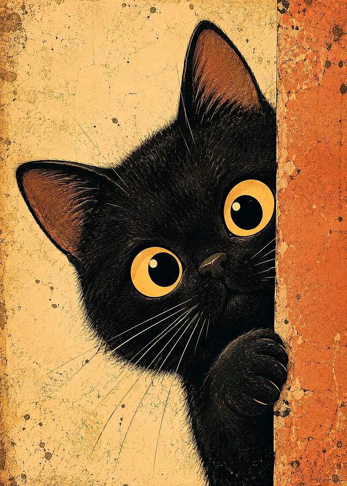 Peeking Black Cat with Big Yellow Eyes