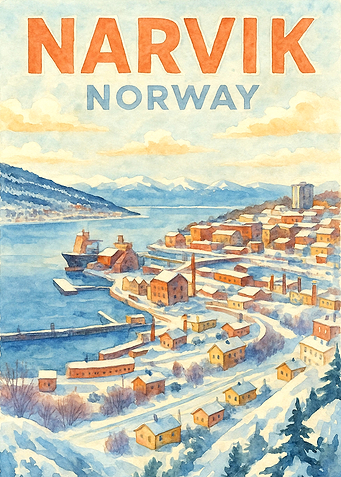 Narvik Norway Vintage Travel Poster | Watercolor Nordic Fjord Harbor Wall Art