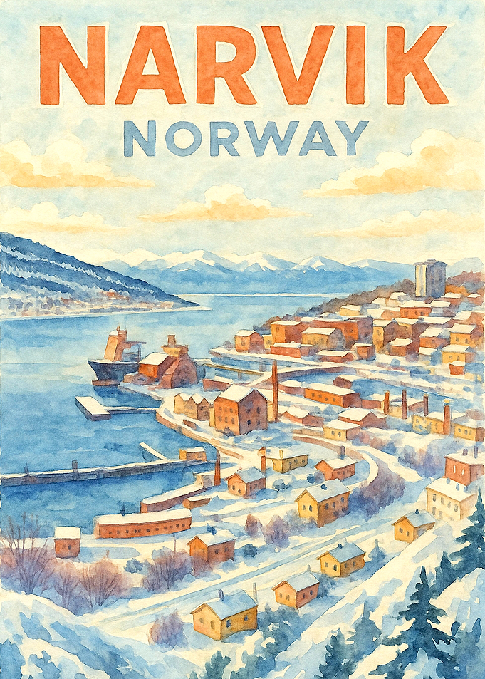 Narvik Norway Vintage Travel Poster | Watercolor Nordic Fjord Harbor Wall Art