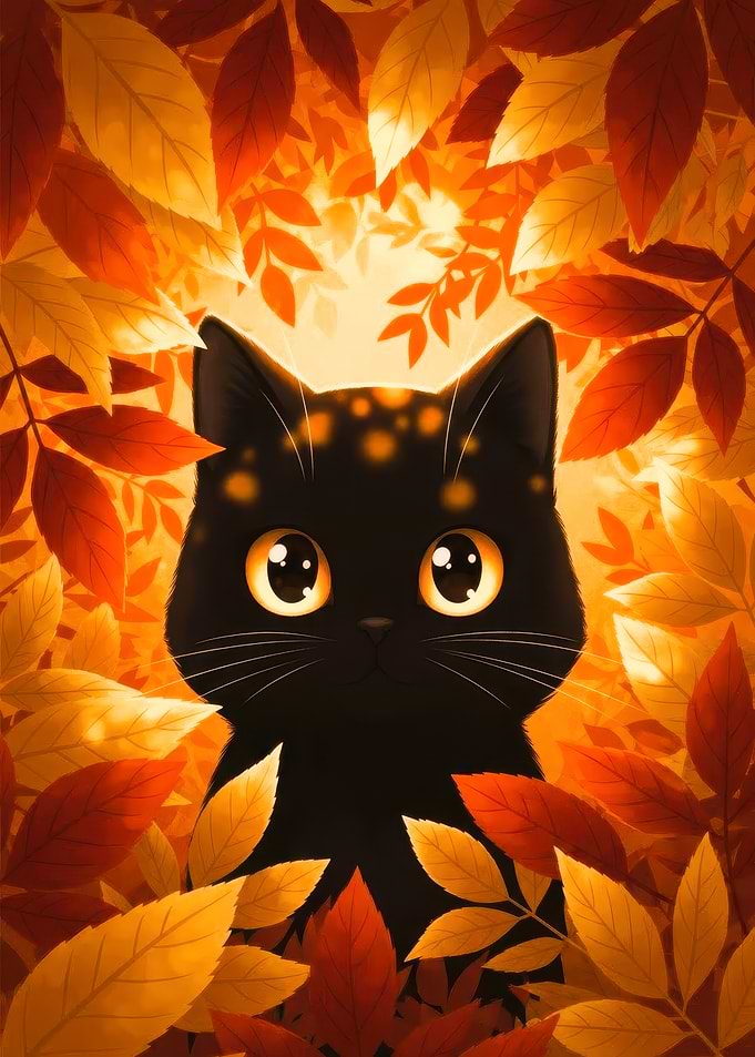 Cute Black Cat in Autumn Leaves