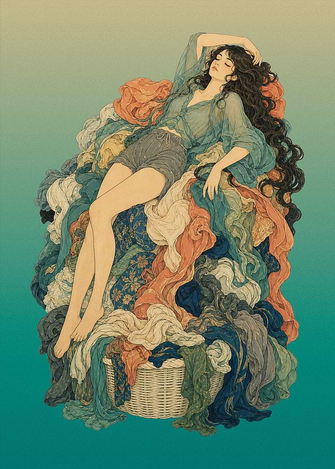 Woman Sleeping on Pile of Clothes