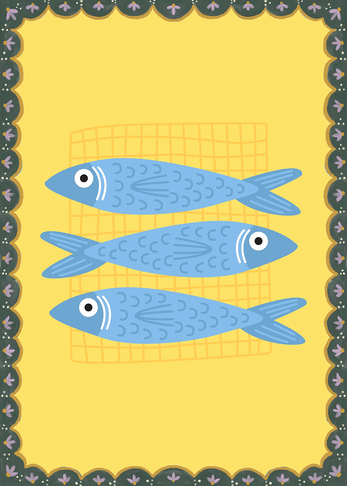 Three Blue Fish on a Yellow Background
