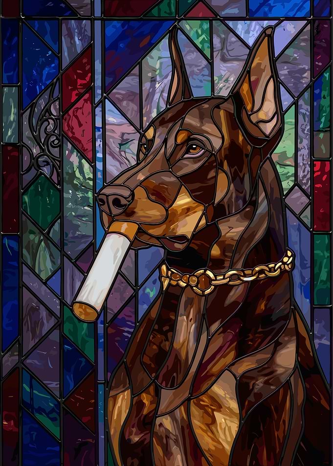 Doberman with Cigarette Stained Glass